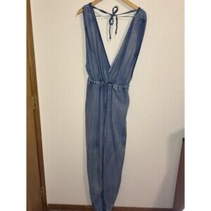 Mazik Jumpsuit Womens M Blue Chambray Sleeveless Wrap Front Tie Neck Boho Beachy